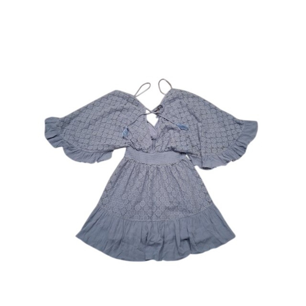Womens 143 Story by Line Up Blue Lace Romper Smocked Waist Flutter Sleeve Small